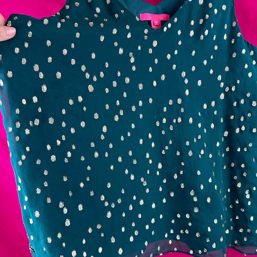 Lilly Pulitzer Silk Tank Top Gold Metallic‎ Dot Green Sleeveless V Neck Size M - Picture 5 of 17